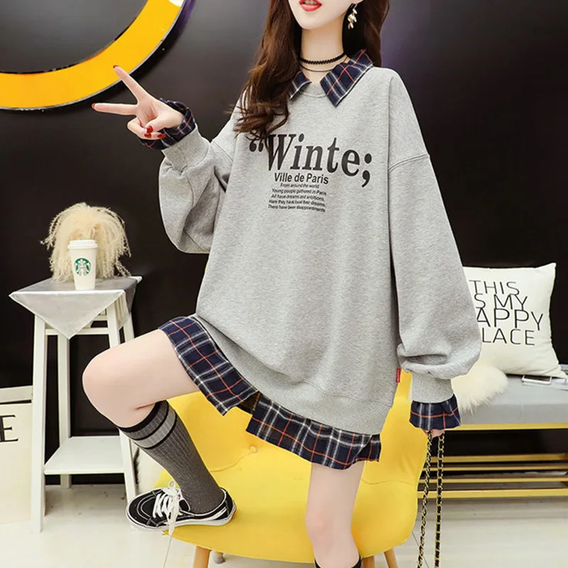 Fake Two Pieces Polo-Neck Sweatshirts Female Autumn Korean Loose Long Sleeve Tops Casual Printing Letter Patchwork Plaid Tshirt