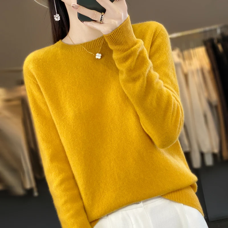 Autumn and Winter New Merino 100% Wool Solid Color Warm Female O-Neck Knitted Long Sleeve Solid Color Pullover