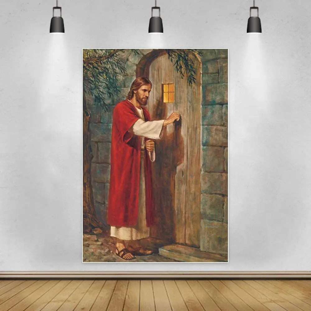 

Photography Backdrop Jesus Christ Knocking The Door Ancient Stone House Front Door Background Jesus Redeemed Vintage Portrait