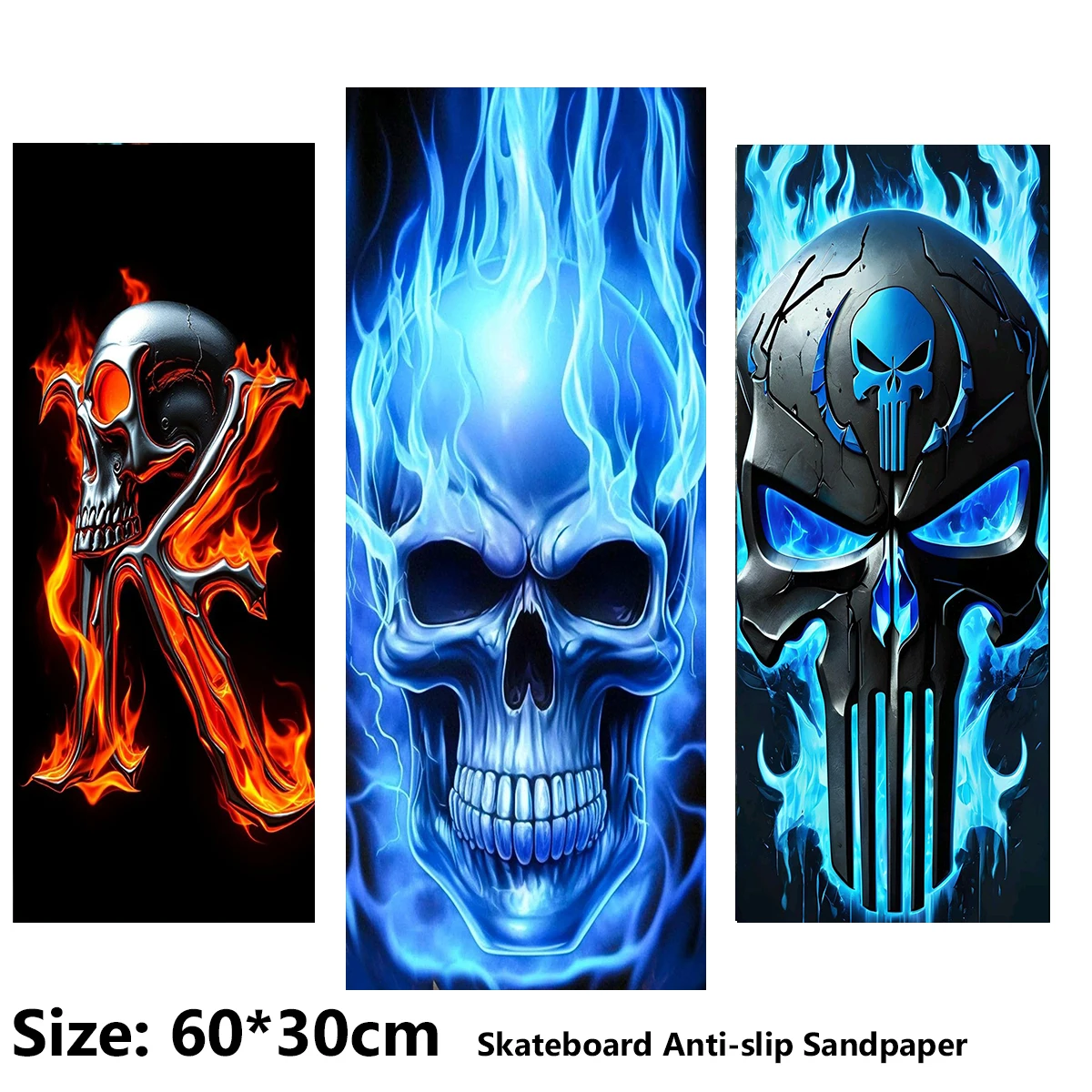 

Blue Flame Skull Horror Pattern Electric Scooter Anti-slip Sticker Sandpaper Skateboard Grip Tape Sheet 60*30cm