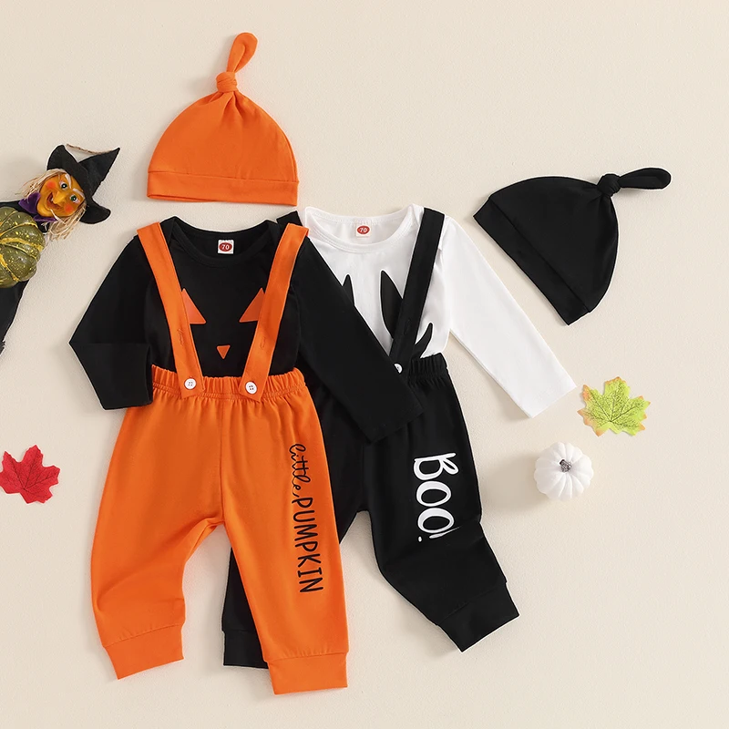 

2024-05-27 Lioraitiin 3Pcs Baby Halloween Set Witch Pumpkin Print Long Sleeve Romper Letter Print Long Overall Pants Hat Outfits