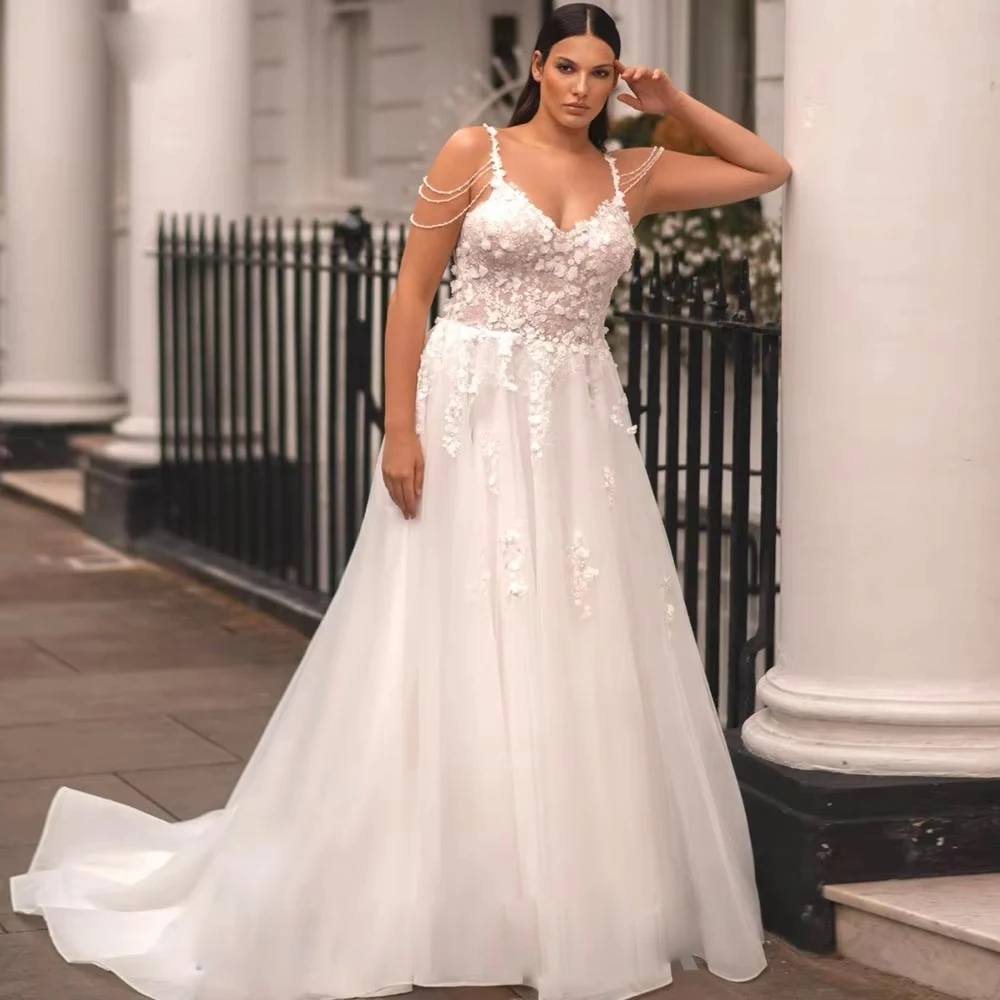 

Plus Size Wedding Dresses For Bride Lace Applique A-Line Bridal Gowns3D Floral and Sequin Embroidery Brides dress Customized