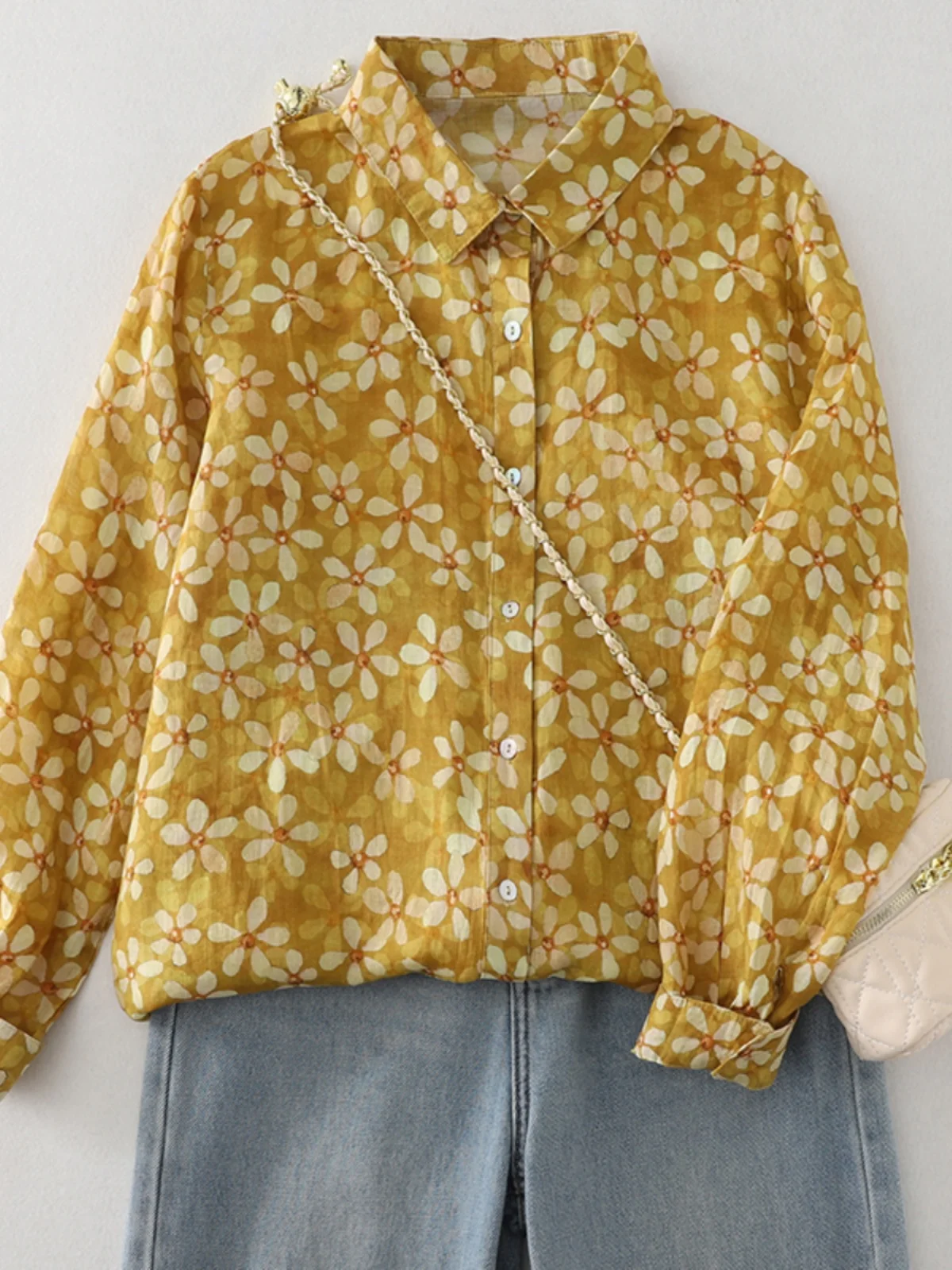 

Retro Floral Long Sve Women's irt Loose Collar Open Cardigan Yellow Print Top Cotton Commute Sle Casual irt