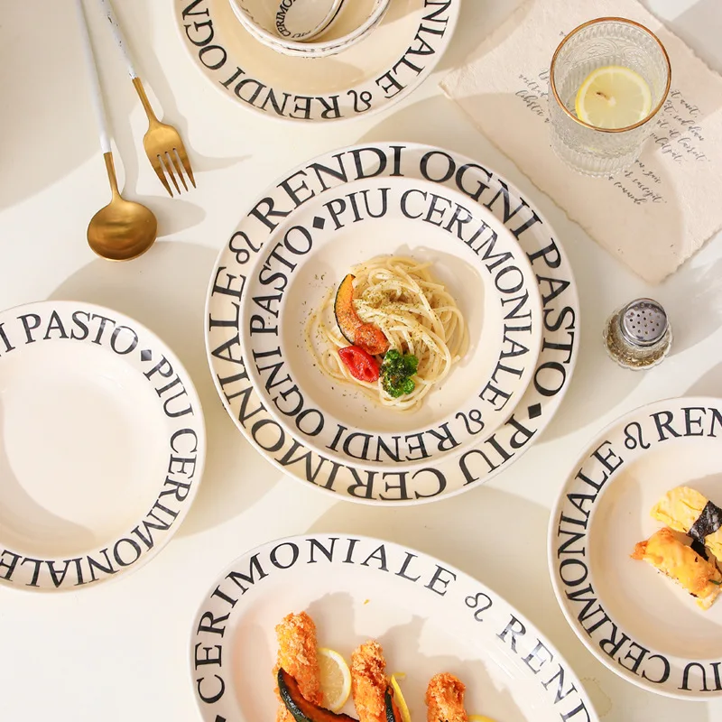 French Alphabet Dishes Household Cutlery Dish Set Milk Yellow Ceramic Rice Bowl Soup Bowl ins Plates