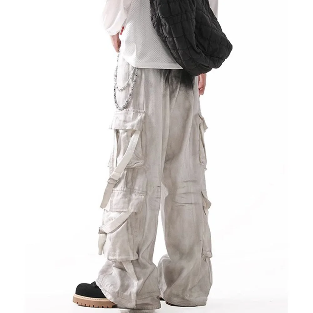 夏の新メンズコントラストカラーだぶだぶのジーンズマルチポケットオーバーオールレトロファッションカジュアルトレンドハイストリートヒップホップメンズボトムス
