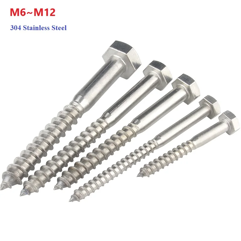 M6 M8 M10 M12 304 Stainless Steel Hexagon Head Self-tapping Wood Screws Lag Bolts Length 25mm~200mm