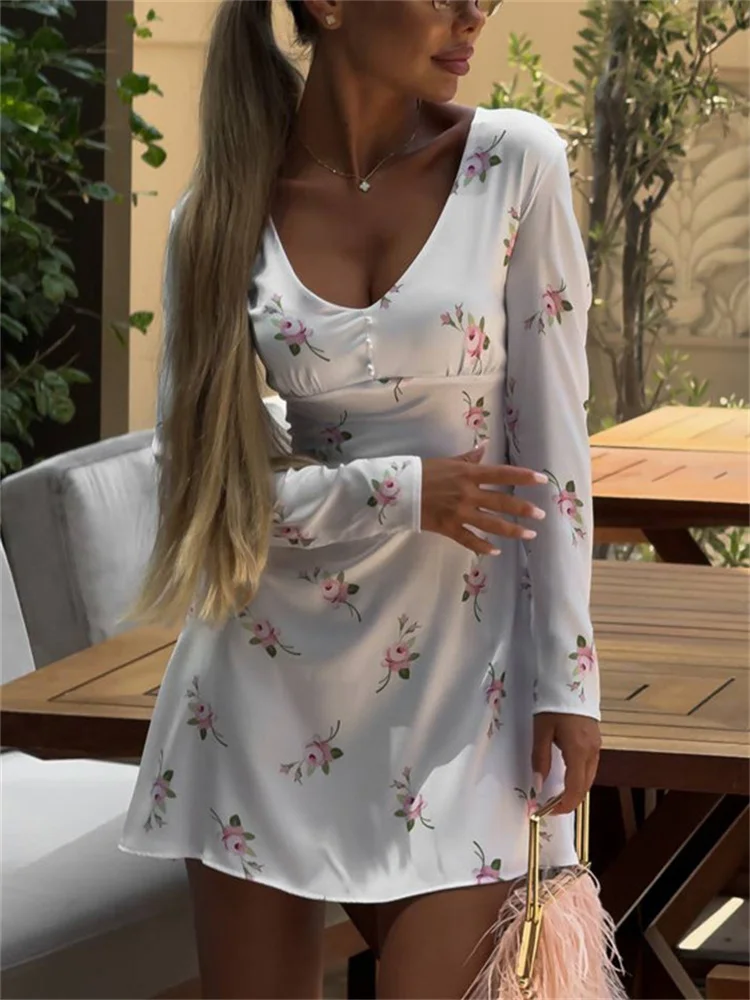 Tossy branco impresso com decote em v mini vestido feminino manga longa elegante contraste fino cetim commute vestido fino feminino vestido de festa 2025