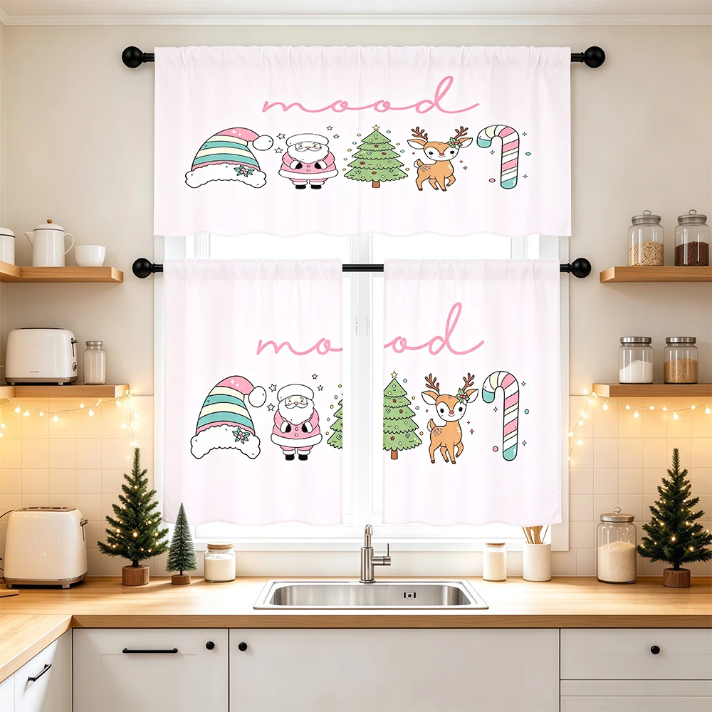 Christmas Kitchen Curtains, Pink Christmas Cartoon Mood, Digital Print, Kitchen Dining Room, Rod Pocket Polyester, Home Decor