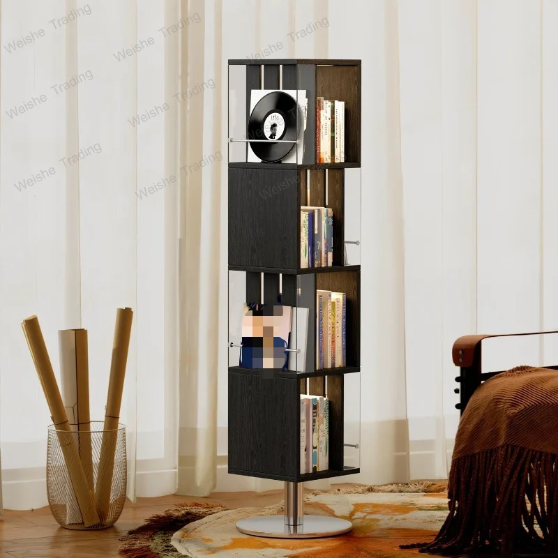 Black rotating bookshelf full-body mirror cabinet solid wood book and newspaper shelf with ambient light display cabinet