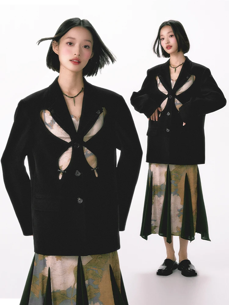 

Женский повседневный модный жакет свободного кроя с вырезами, винтажный стиль, весенняя коллекция, для работы и отдыха, длинный.