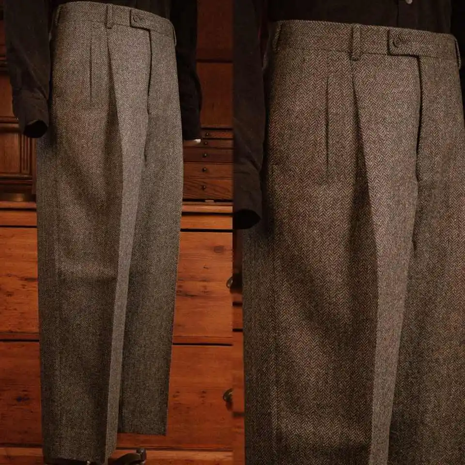 Elegance Men Herringbone Pants 1 Piece Fit Straight Leg Suit Trousers Formal Occasion Autumn Winter Warmth Pant Customized