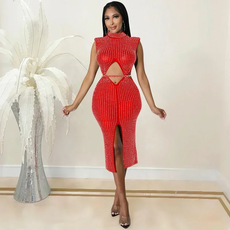 GUWU 메쉬 시스루 컷아웃 허리 트임 미디 다이아몬드 드레스 여성용 섹시 파티 클럽 시크 핫 라인스톤 선드레스