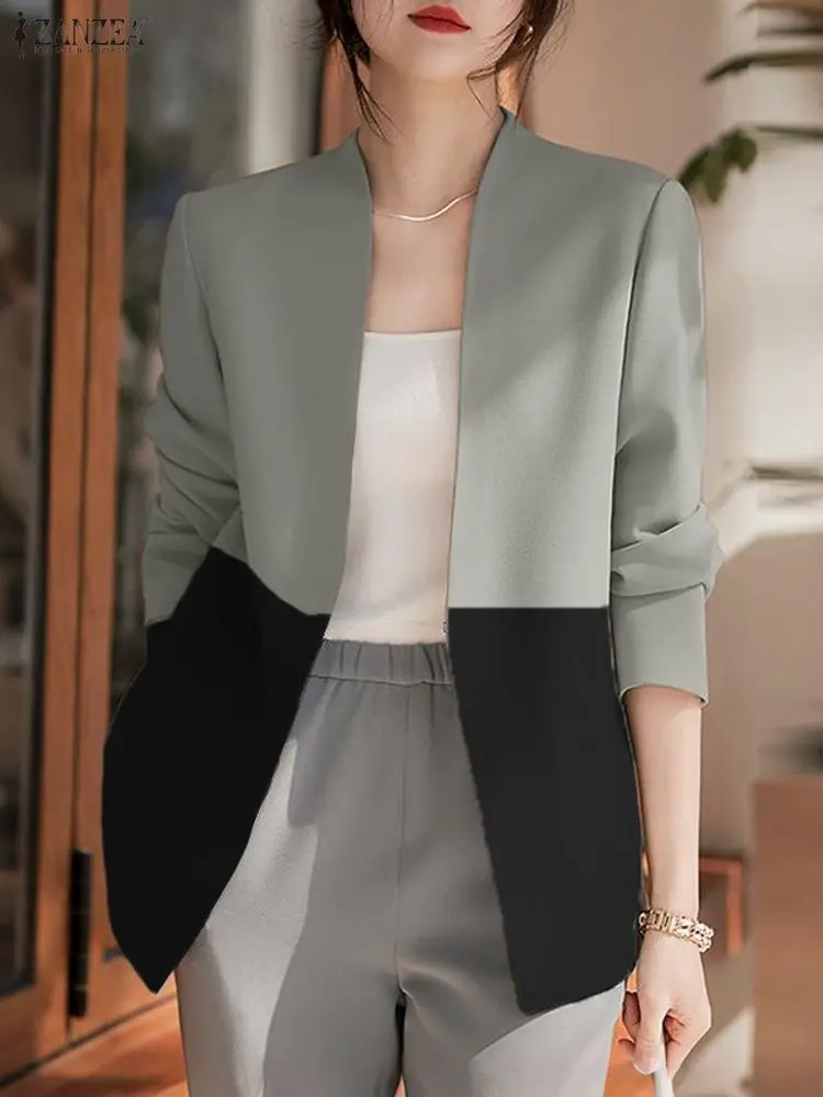 ZANZEA Office Women Blazer Outwears 2025 Autumn Elegant V Neck Long Sleeve Blazer Suits Casual Patchwork Thin Coats Cardigan