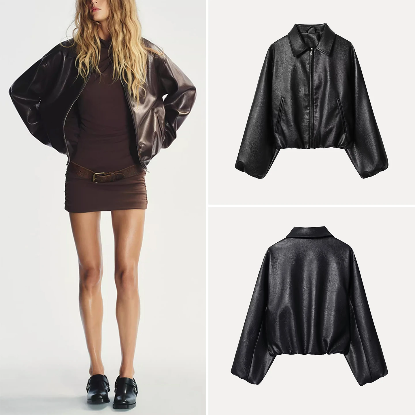 

Z 2025 New Faion Personalized Simulation Leather Pilot Jaet Women's Coat Sli ort Zipper Collar Long Sve
