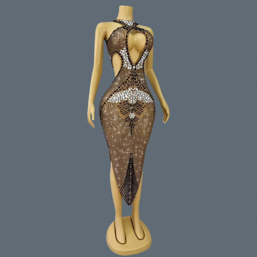 ハイエンドキラキラクリスタルシアーブラウンメッシュ非対称ドレス女性のセクシーなハイサイドスリットミニドレスナイトクラブパーティードレス Zungui