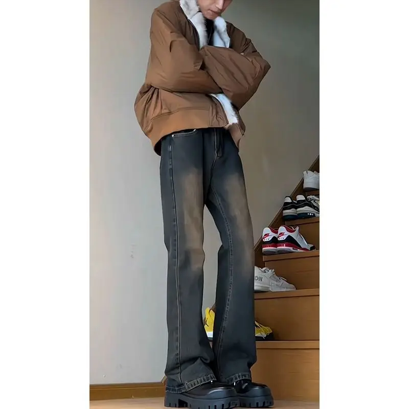 

Cleanfit Rustic Color Men's Straight Leg Jeans Retro American Vibe Slimming Flared Pants mid Waist High Elastici Polyester