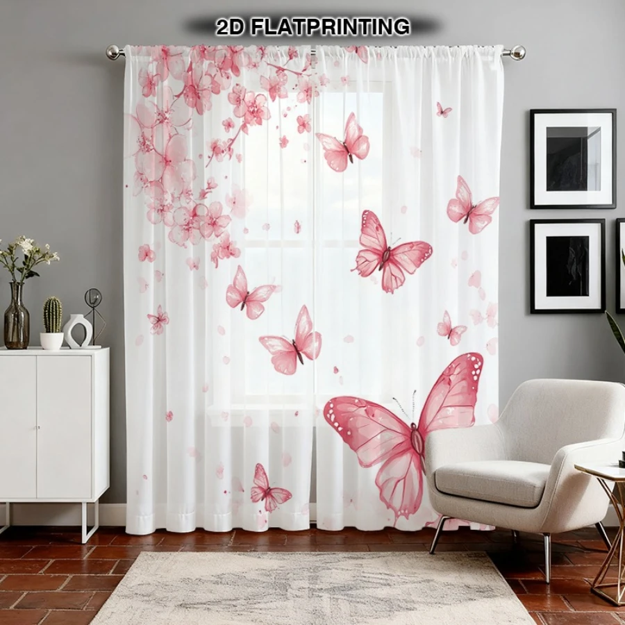 2 rideaux transparents à impression numérique, motif fleurs de cerisier roses et papillons, décoration de chambre de princesse romantique et féminine