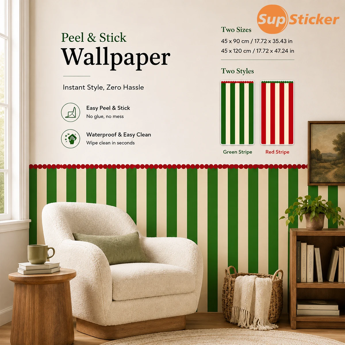 Peel and Stick Vertical Stripe Wainscoting Wall Sticker, Waterproof Removable PVC Wall Decal for Hallway Living Room Retro Home