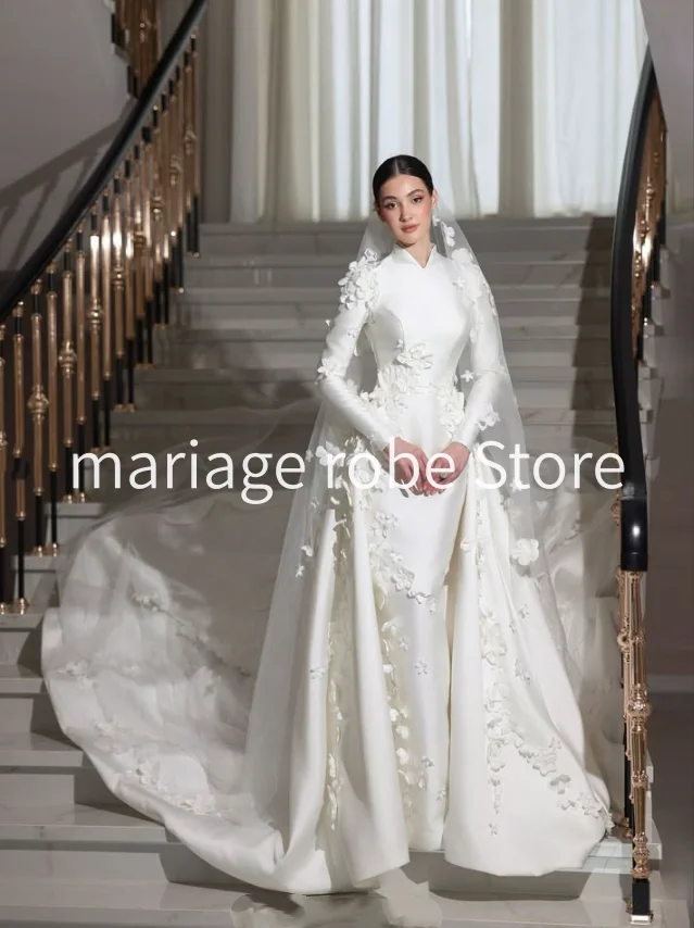 Luxury Mermaid Islam Arabic Princess Wedding Dresses with Overskirt Long Sleeve 3D Floral High Neck Bridal Gown Garment Customiz
