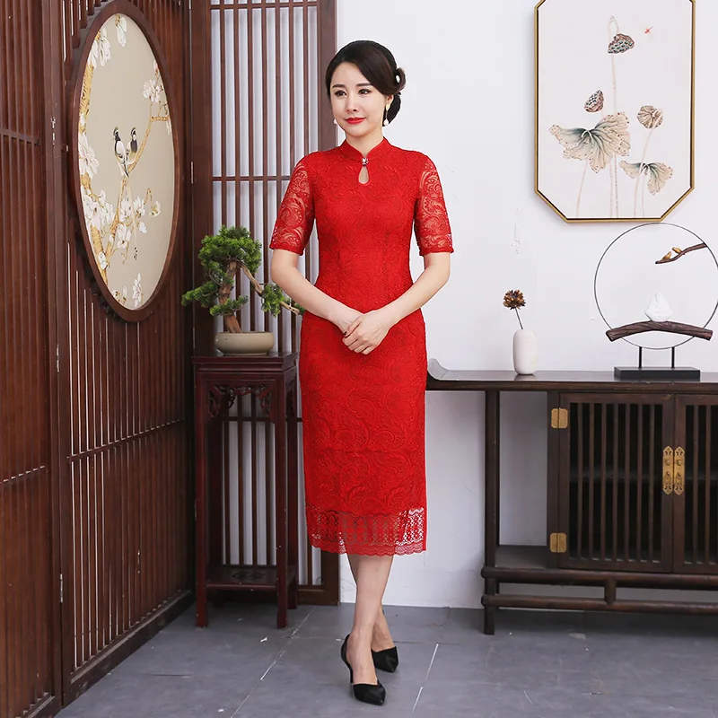 

Chinese Red Qipao Dress Lace Perspective Collar Formal Party Gown Mandarin Cheongsam Vestidos Side Split Banquet Evening Dresses