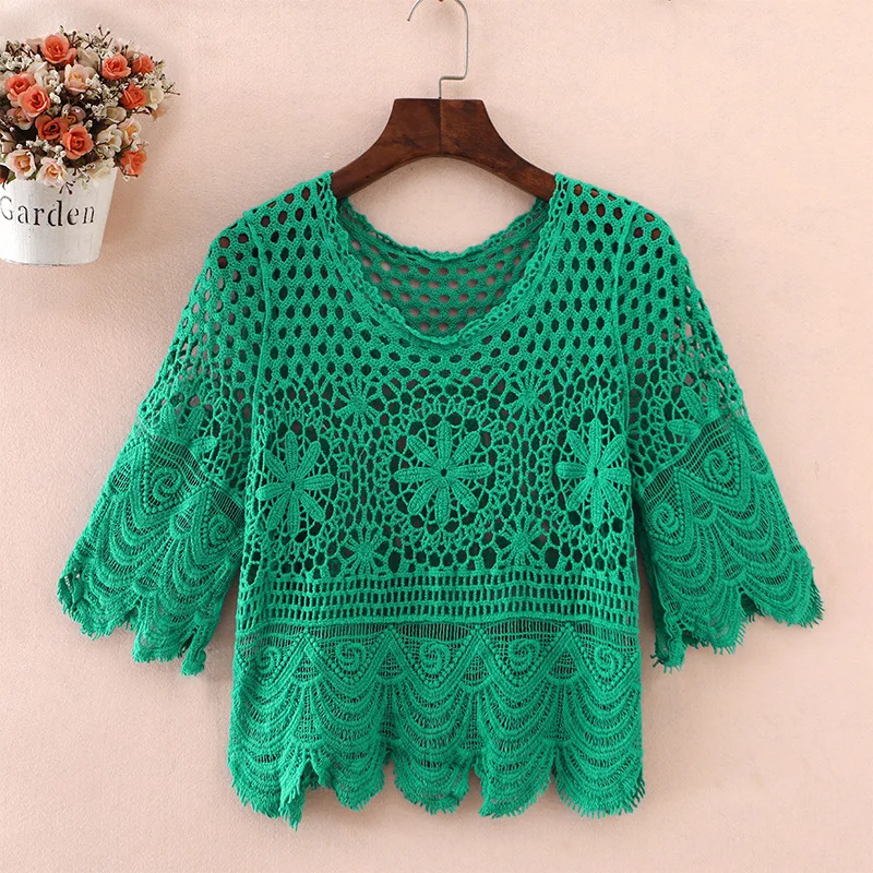 Camisa de punto de malla para mujer, Top suelto, blusa ahuecada, manga corta de campana, primavera y verano, venta al por mayor