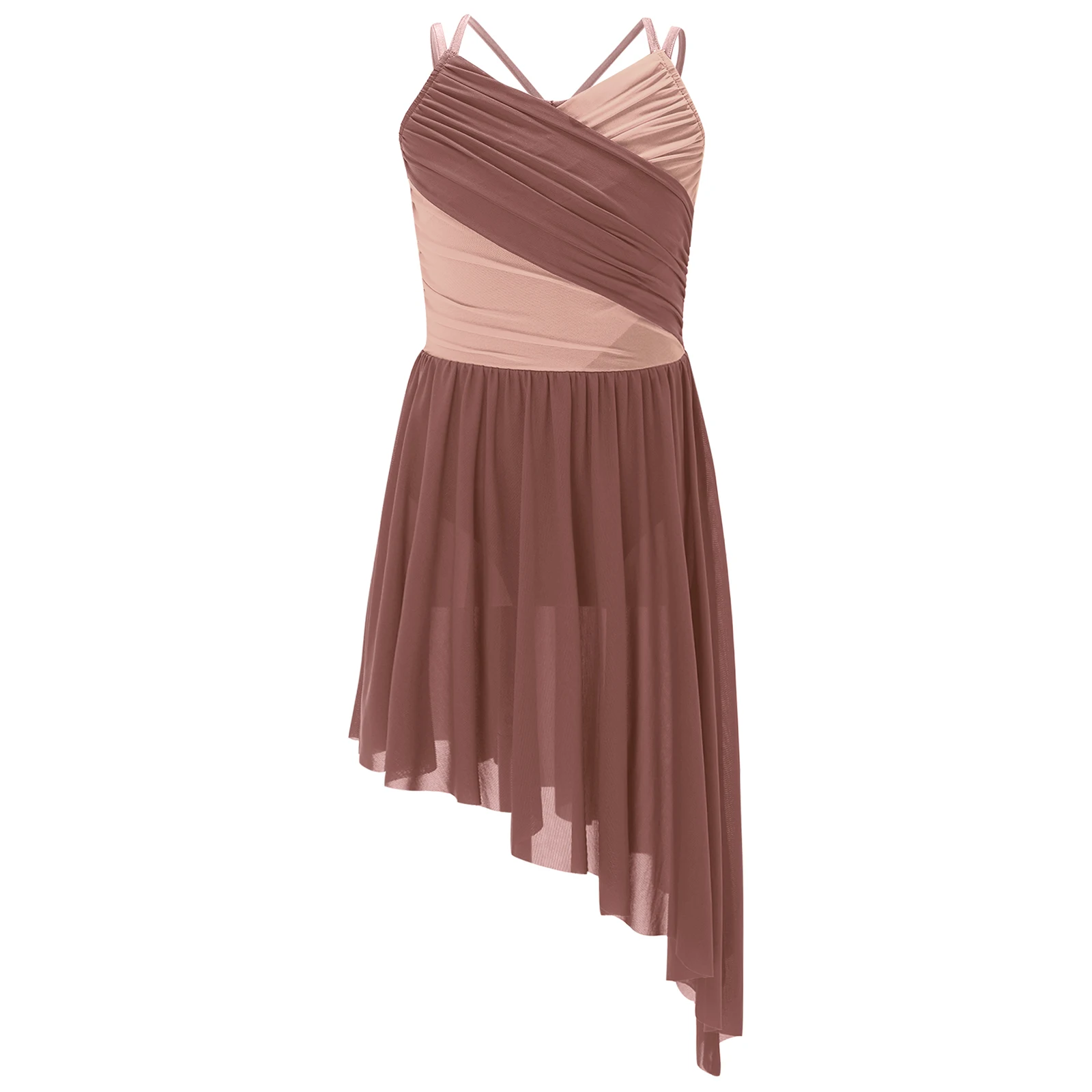 Kids Girls Lyrical Dance Dress Ballet Skating Gymnastic Performance Costume Contrast Color Mesh Asymmetrical Hem Leotard Dresses