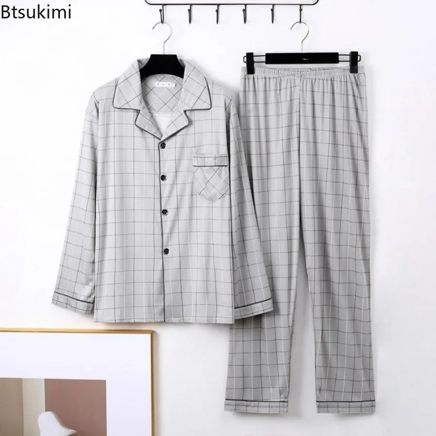 100% Cotton Sleepwear for Men Spring Autumn Pajama Sets Classic Plaid Printed Single-breasted Long Sleeve Pants Lounge Home Suit