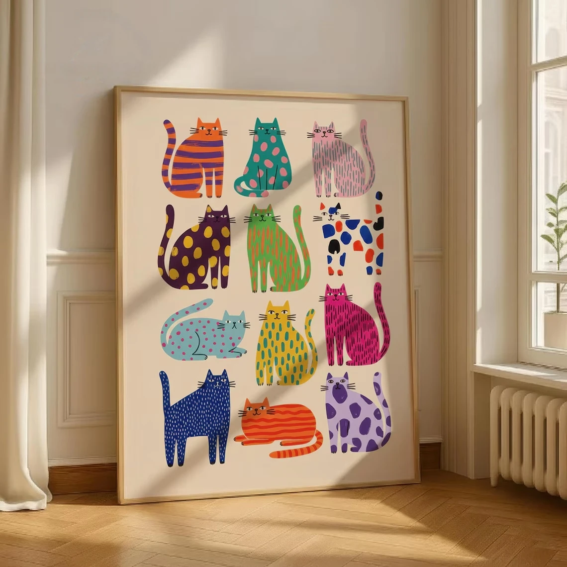 Whimsical Cat Art Print Abstract Cat Wall Art Modern Pop Art Cats Print Whimsical Animal Poster Colorful Cat Wall Art Pictures