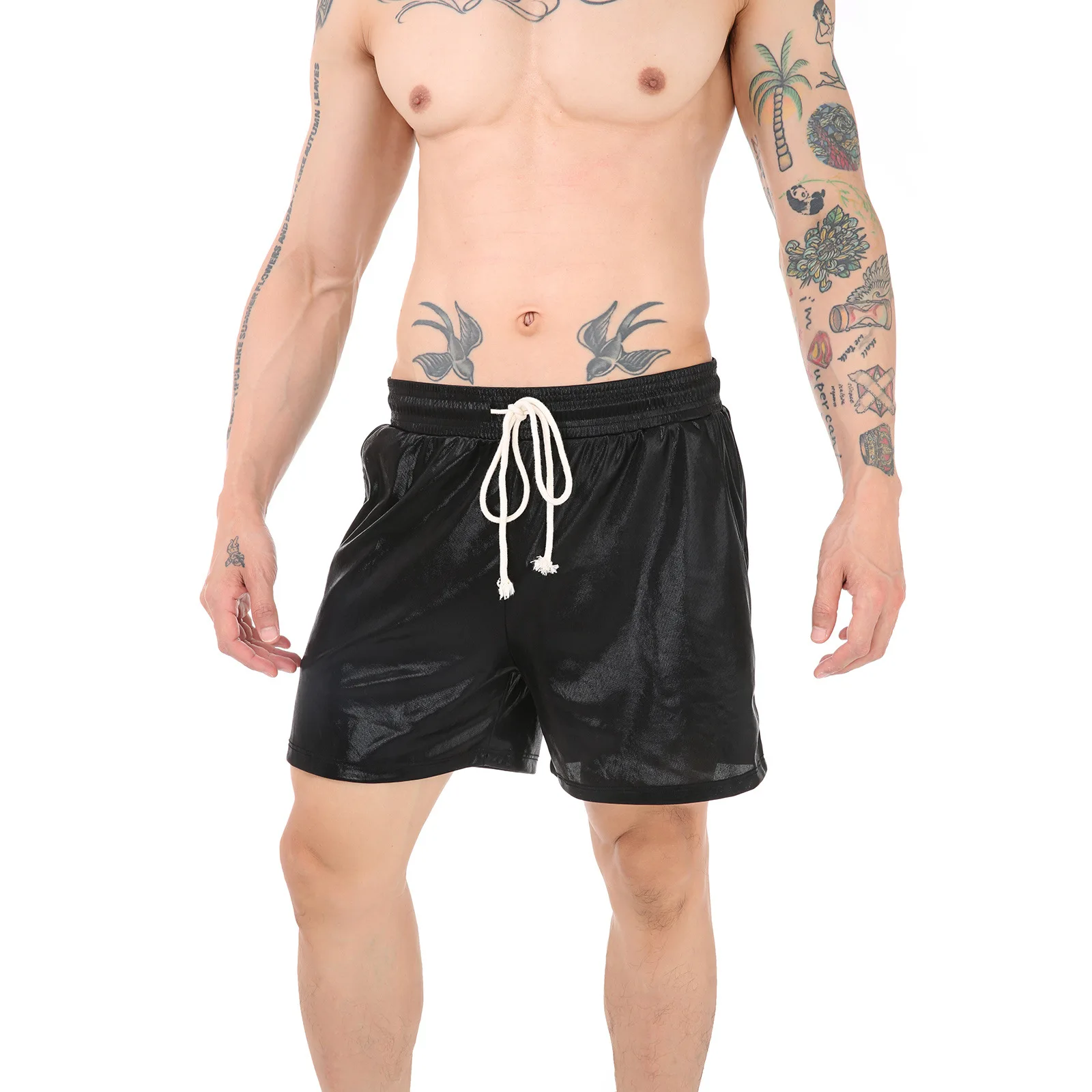 Men's Bright Shiny Shorts Pocket Slim Elastic Lace-Up Loose Casual Beach Pants Short Pants Summer Quick Dry Swimming Short