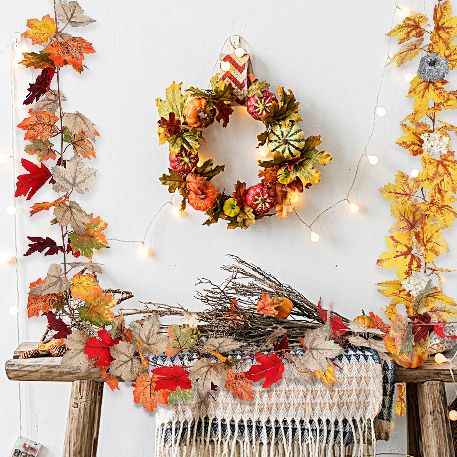 

2pcs 5.74Ft Artificial Maple Leaf Vine Garland Faux Autumn Leaves Decor For Halloween Thanksgiving Fall Party Home Wedding
