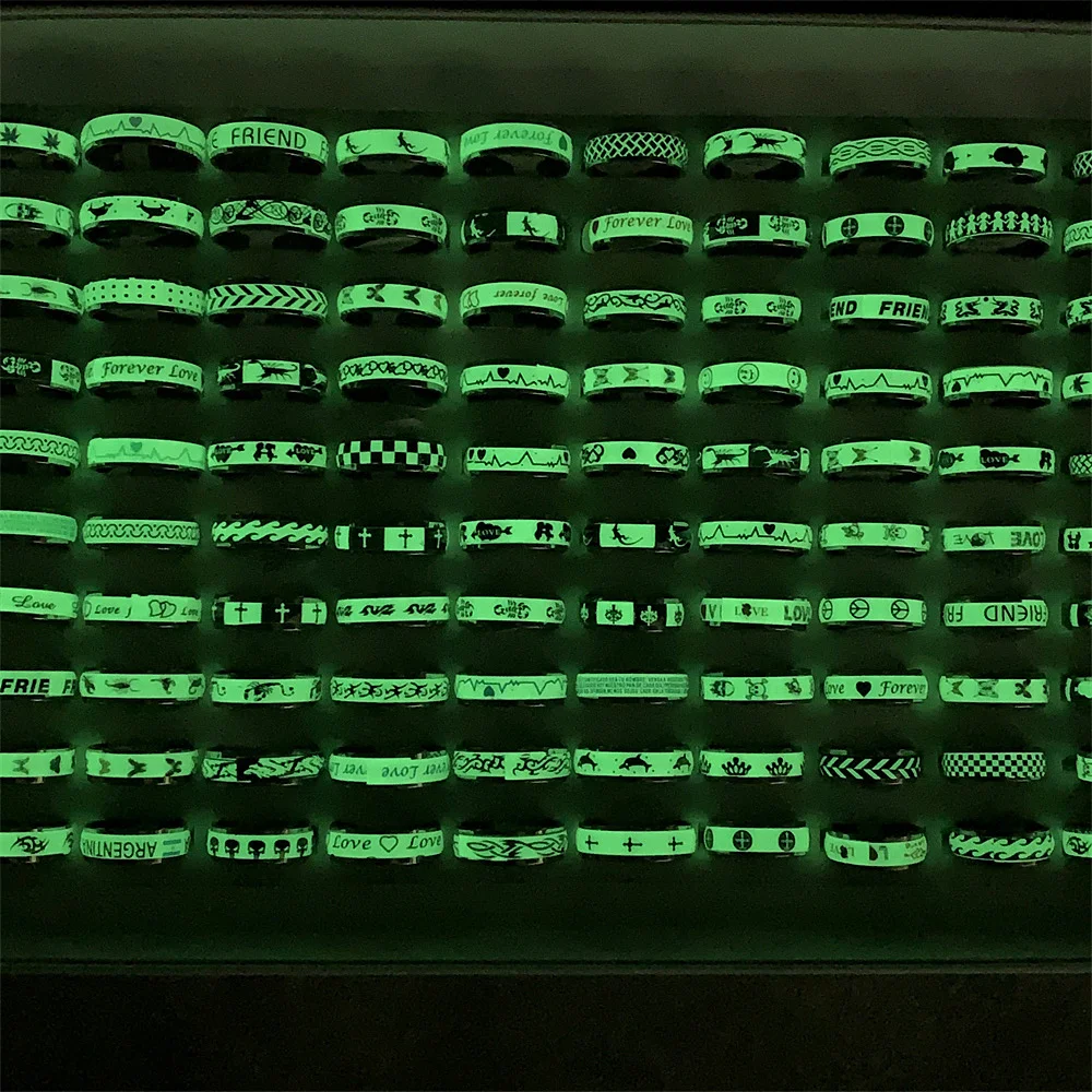 Wholesale 20/30/50Pcs/lot Fashion Stainless Steel Glow In The Dark Rings For Women Men Luminous Party Jewelry Mix Style