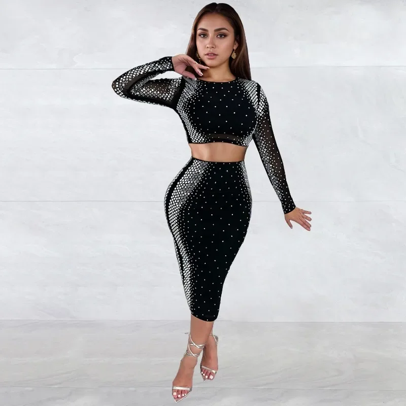 

KEXU Diamonds Hot Rhinestones Women's Set Bodycon Midi Skirts Set and Long Sleeve Crop Top Two 2 Piece Set Dress Party Outfits