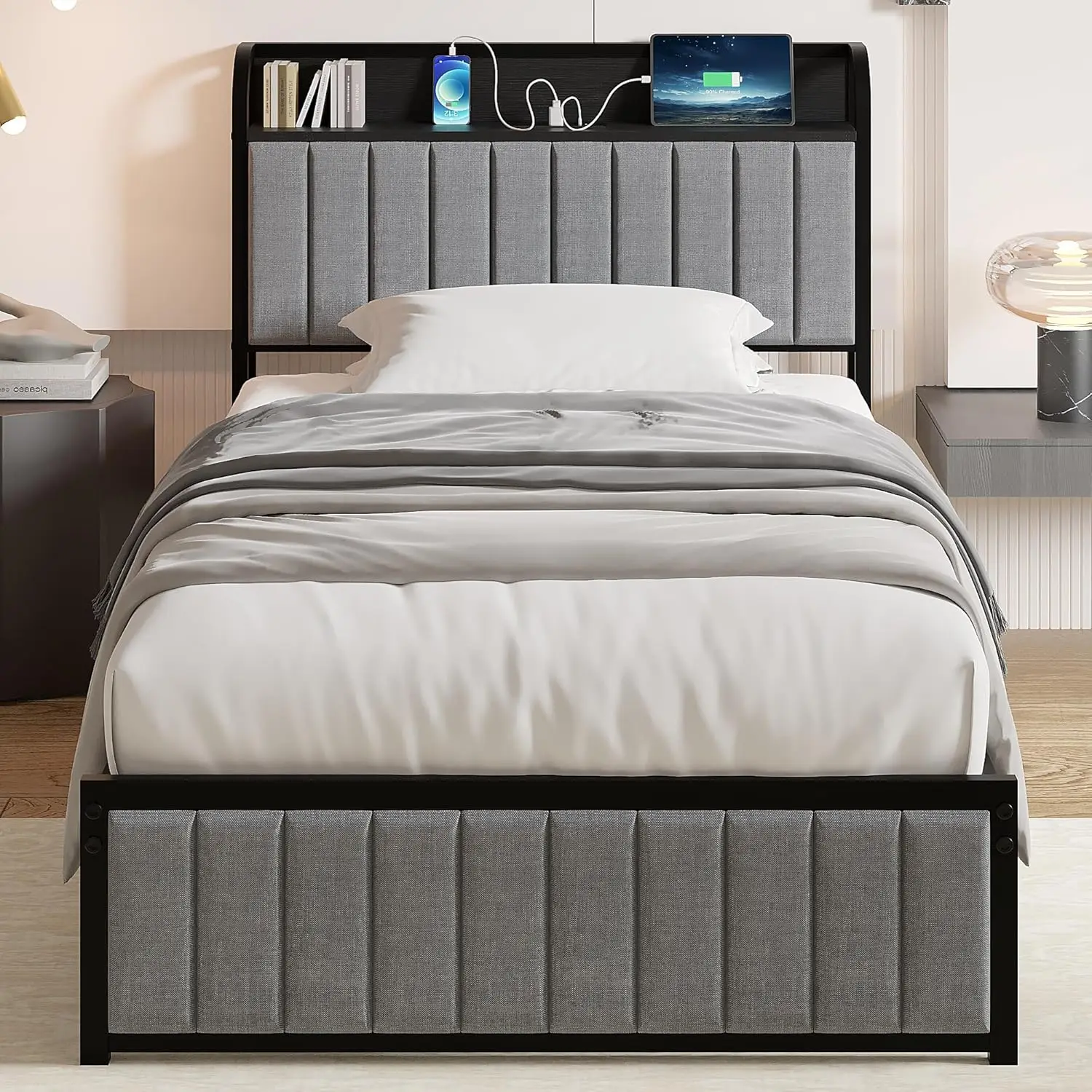 

Twin Bed Frame, Storage Upholstered Headboard with Charging Station, Platform Bedframe, Heavy Duty Metal Slats, No Box Spring
