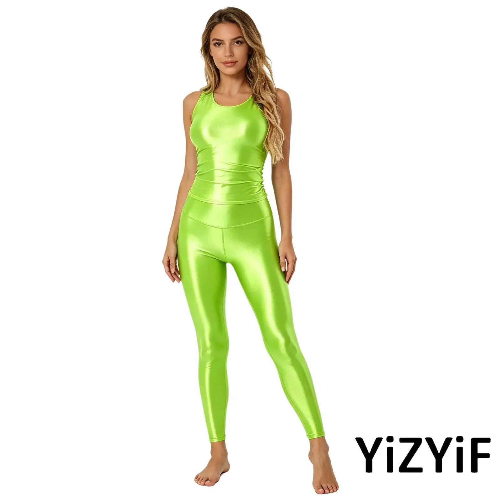 Women Glossy Yoga Ballet Dance Outfit Sleeveless Tank Top and Wide Elastic Waistband Gymnastics Leggings Athletic Sportswear