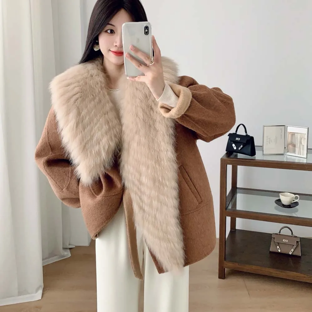 

2025 женская зимняя шуба из натурального лисьего меха с воротником, кашемировая шерстяная куртка, шерстяная верхняя одежда, женское пальто