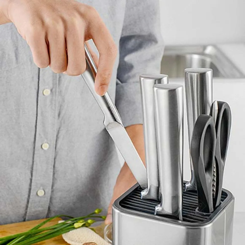 WXCOO Messerblock aus Edelstahl, Aufbewahrungsregal für die Arbeitsplatte, Einzel-Loch-Design, rutschfeste Basis für 5-7 Messer, modernes Design, leicht zu reinigen. – Detail 4