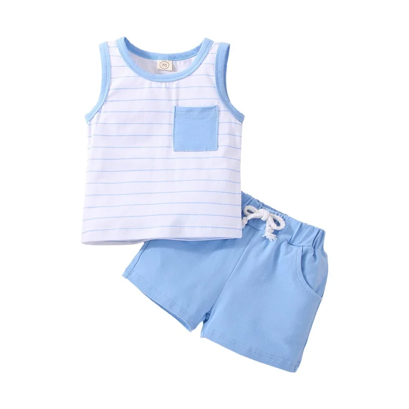 

2Pcs Set Toddler Boy Summer Clothes Suits Stripe Sleeveless Crew Neck Pocket Tank Tops and Solid Color Elastic Waist Shorts