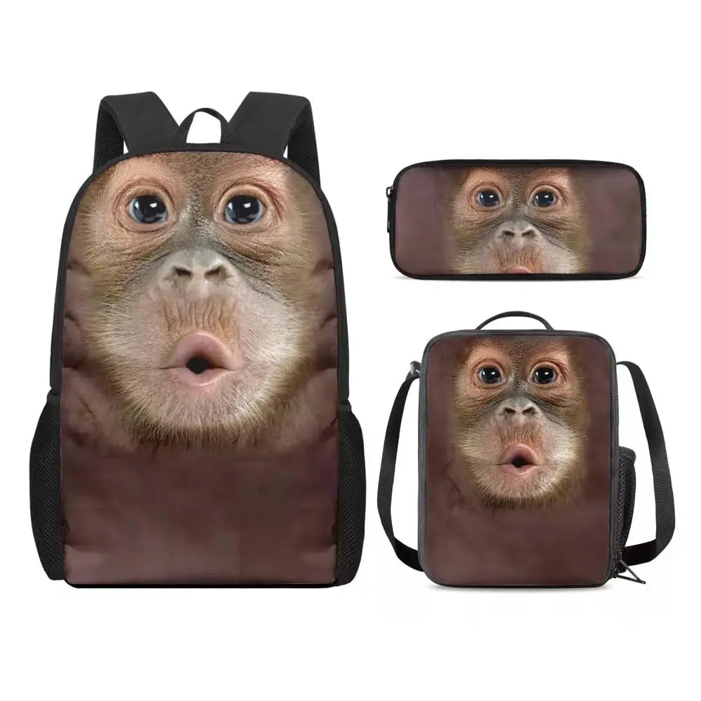 Brown Monkey Cute Print Backpack Girls Boys School Bag Set for Leisure Entertainment Travel Daypack with Lunch Bag Pencil Case