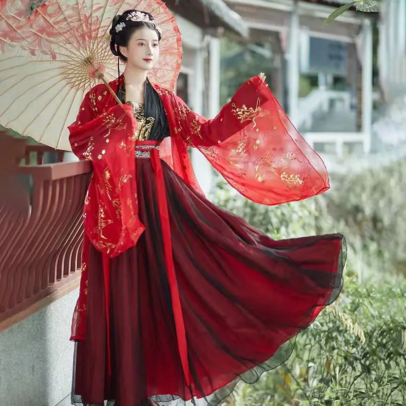 Oriental Ancient Tang Dynasty Hanfu Dress Woman Chinese Traditional Dance Costumes Red Elegant Fairy Folk Performance Clothing