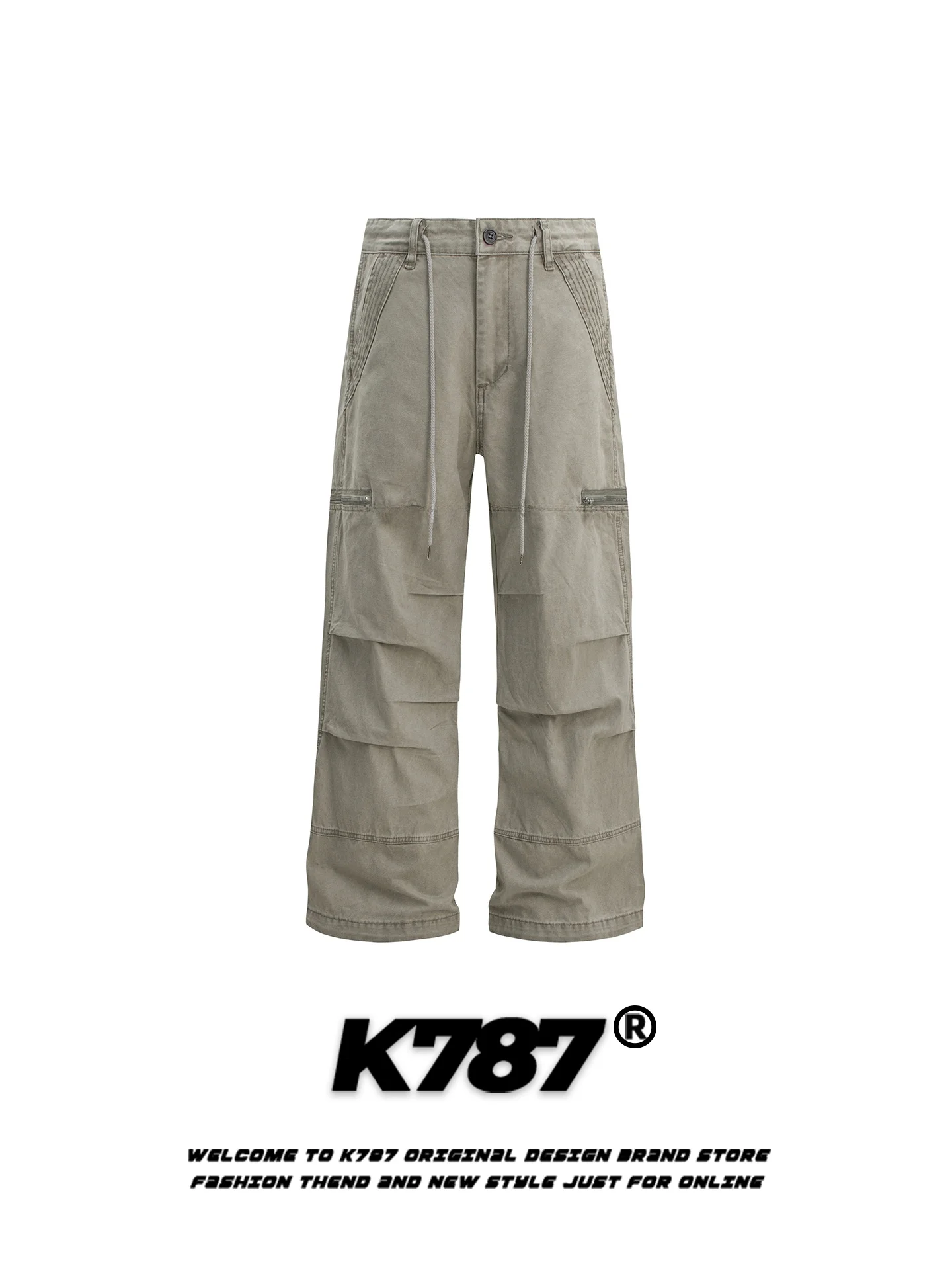 

K787 American Retro Vintage Folded Paratrooper Work Pants Loose Casual Wide Leg Pants for Men And Women High Waist Trousers