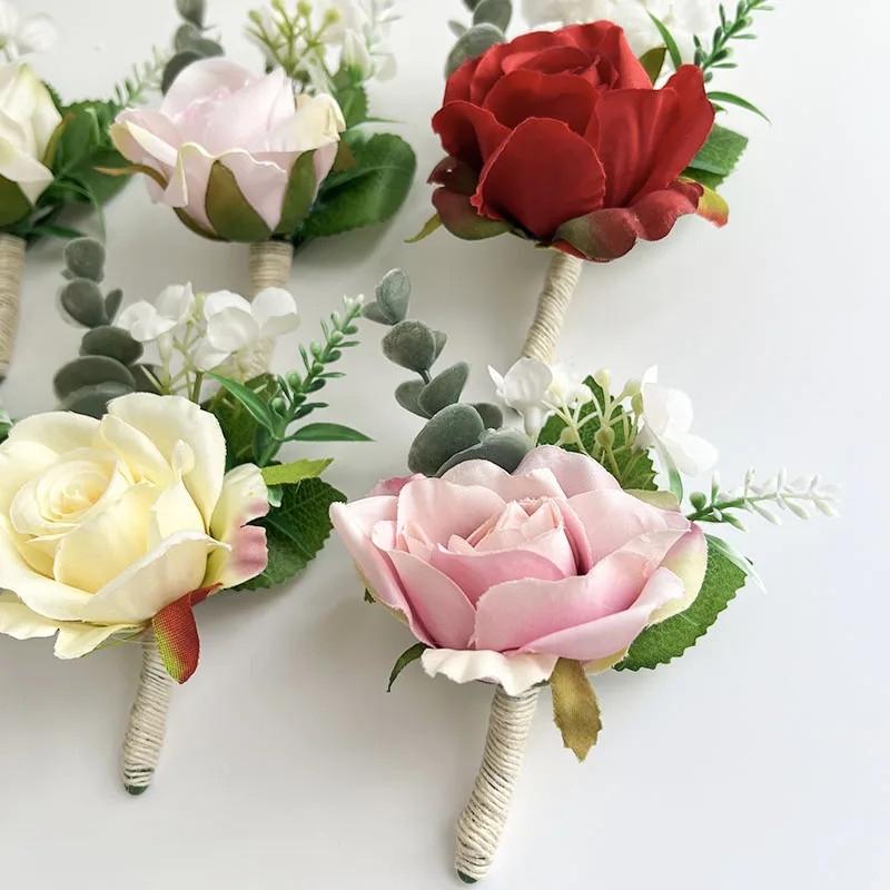 Boutonniere Bride Wedding Accessories Wrist Corsage Bridesmaids Red Roses Artificial Flowers Buttonhole Mariage Brooch Men Pins