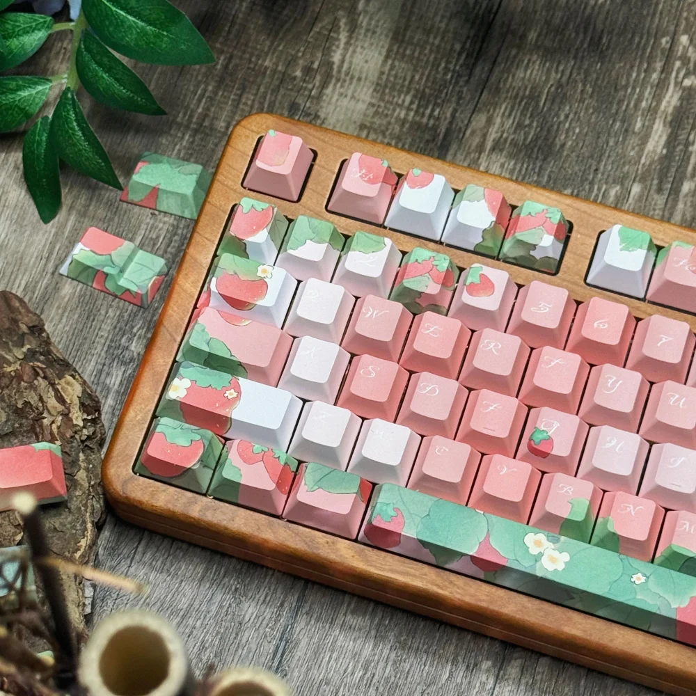 keycaps tema morango rosa cereja perfil qx3 estilo de pintura a tinta keycap fruta bonito teclado mecanico 120 chaves pbt 01