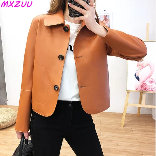 Imagen 2 del producto Tops cortos De piel De oveja para mujer, moda Harajuku, Jassen Dames, chaqueta ajustada De cuero Legítimo, abrigo con cuello cuadrado, ropa De calle a la moda