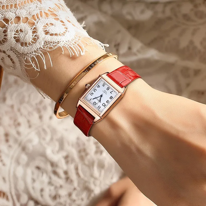 

Fashion Women Watches Luxury Metal Rose Gold Square Ladies Quartz Wristwatch Rectangle Red Leather Female Clock