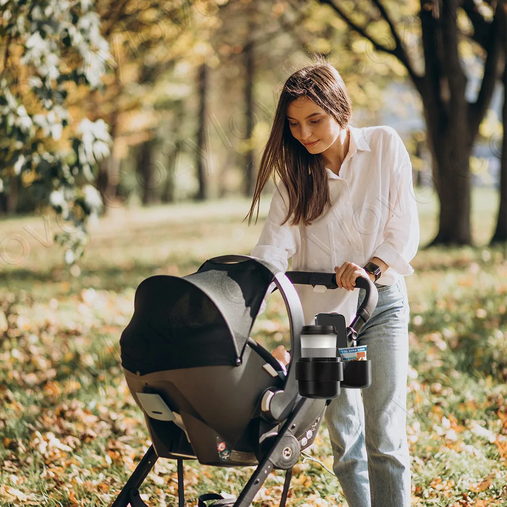 2-in-1 Stroller Snack Tray with Cup Holder, Features Non-Slip Surface & One-Button Release for Most Strollers