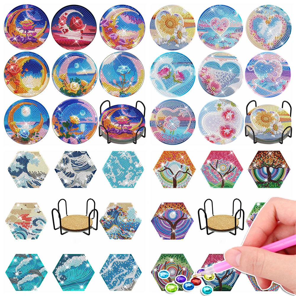 8pcs/sets Diamond Painting Coaster DIY Beach Love Heart Drink Cup Diamond Art Coasters Table Placemat Pad Kitchen Accessories