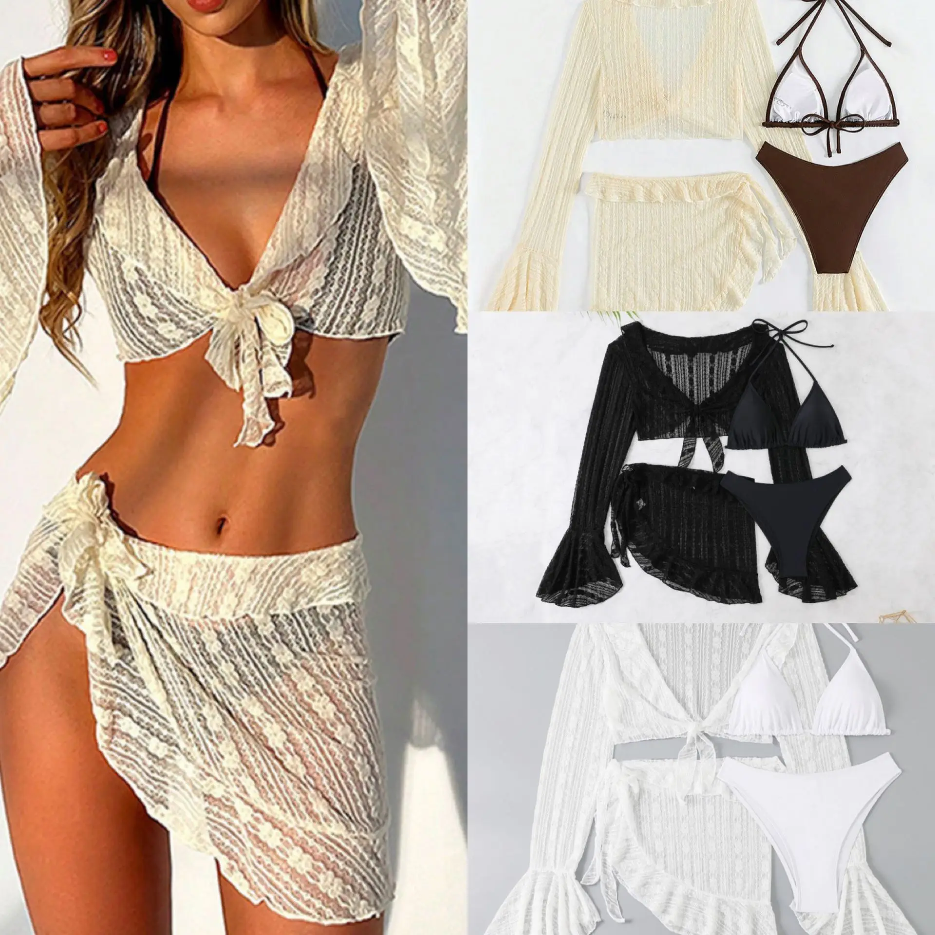 2026 New Solid Color Mesh Long-sleeved Blouse Swimsuit Beach Bikini Split Swimsuit Women's Four-piece Set Swim Suits for Women