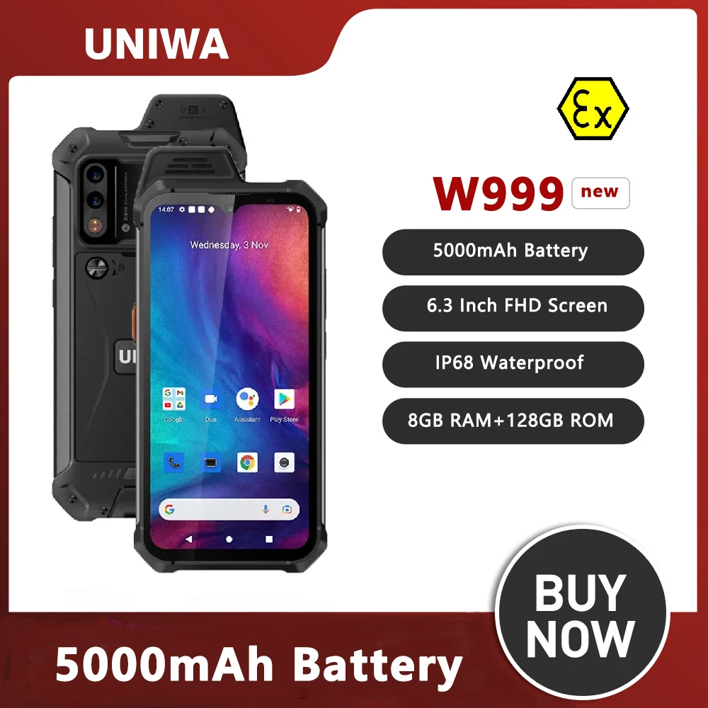 UNIWA W999 ATEX Robustes Smartphone 4G 6,3 Zoll FHD LCD Mobiltelefon 8 GB 128 GB Android 11 IP68 Wasserdichtes 5000 mAh NFC-Handy