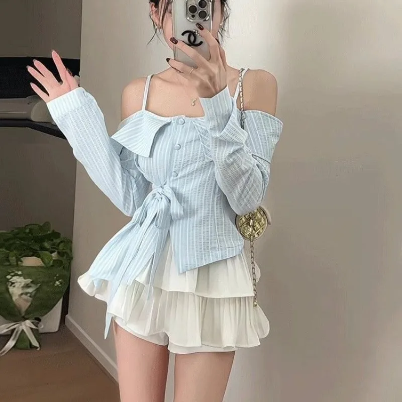 

One-word Collar Off-the-shoulder Blue Shirt Women's Spring Summer Irregular Waist Lace-up Top Trendy Pleated Skirt Suit Elastane