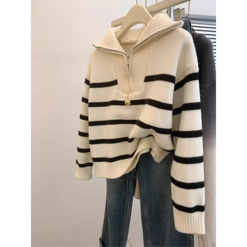 Autumn Winter Ladies Sweater Women Thickened Inner Zipper Jacket Striped Bottoming Shirt Short Section Hedging Outerwear Tops